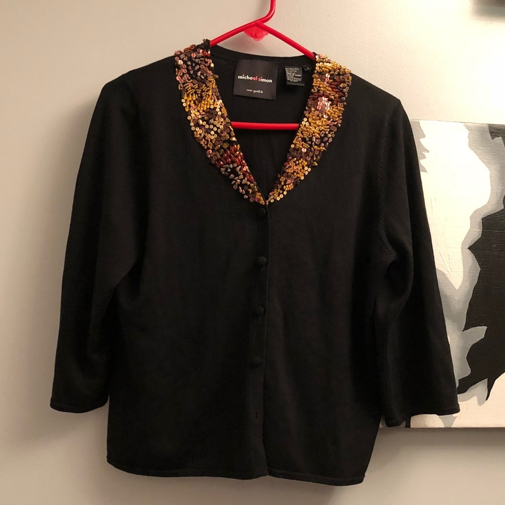 Michael Simon Sequin Collar Black Cardigan L- Euc - Gem